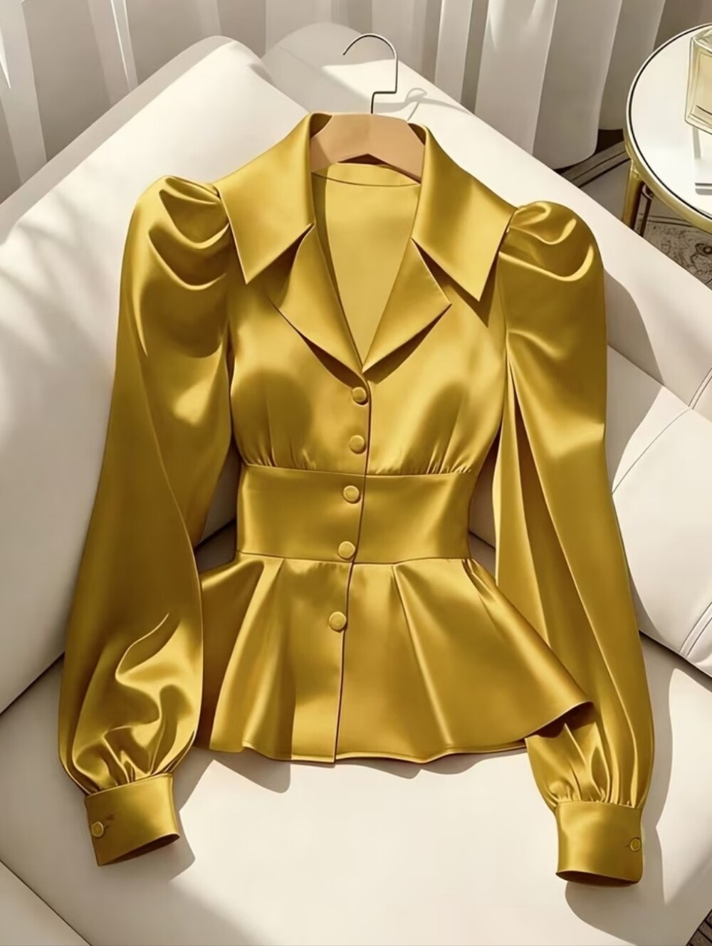 New Women's Elegant Long-Sleeve Top with Front Buttons, Solid Color, Waist - Picture 1 of 4